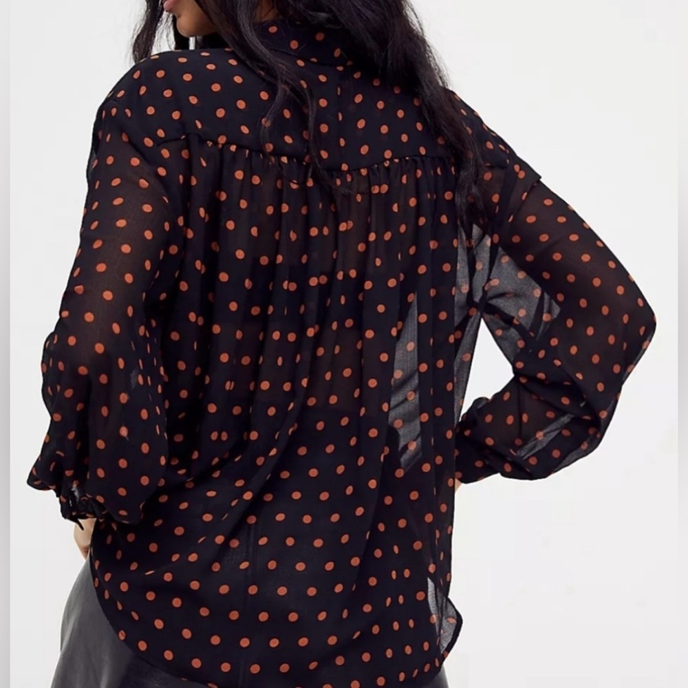 Free People Ciara Black with Orange Polka Dot Button Down Blouse - Size L - Picture 2 of 8